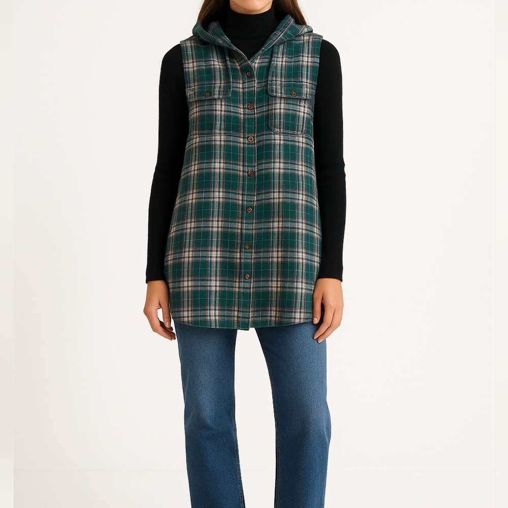 VINTAGE ABERCROMBIE & FITCH Sleeveless Plaid Hooded Flannel Shirt | L | Grunge
